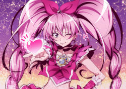 Rule 34 | 10s, 1girl, blue eyes, bow, brooch, choker, cure melody, earrings, frills, hair ribbon, hand on own hip, heart, houjou hibiki, jewelry, long hair, magical girl, musical note, nakahira guy, one eye closed, pink bow, pink hair, precure, purple background, ribbon, smile, solo, star (symbol), starry background, suite precure, twintails, wink, wrist cuffs