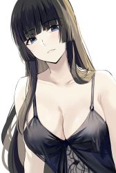 Rule 34 | 1girl, absurdres, black hair, blunt bangs, breasts, cleavage, collarbone, highres, long hair, looking at viewer, medium breasts, nicky w, open mouth, original, simple background, sleeveless, solo, spaghetti strap, upper body, very long hair, white background