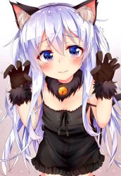 Rule 34 | 10s, 1girl, animal ears, aqua hair, bad id, bad twitter id, bell, black dress, black gloves, black ribbon, blue eyes, blush, breasts, claw pose, cleavage, collarbone, dress, embarrassed, flat chest, frilled dress, frills, fur trim, gloves, gradient background, hibiki (kancolle), highres, jingle bell, kantai collection, long hair, looking at viewer, motion lines, ribbon, rouka (akatyann), short dress, silver hair, simple background, small breasts, solo, strap, strap slip, tail