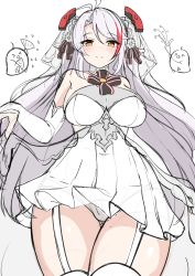 Rule 34 | &gt; &lt;, 1girl, absurdres, antenna hair, azur lane, blush, breasts, bridal veil, brown eyes, closed eyes, closed mouth, commentary request, dress, folding fan, from below, garter straps, grey hair, hair between eyes, hand fan, headgear, highres, large breasts, long hair, looking at viewer, looking down, manjuu (azur lane), moyoron, multicolored hair, panties, party popper, prinz eugen (azur lane), prinz eugen (symphonic fate) (azur lane), red hair, see-through, sketch, smile, streaked hair, thighhighs, underwear, veil, very long hair, wedding dress, white dress, white panties, white thighhighs