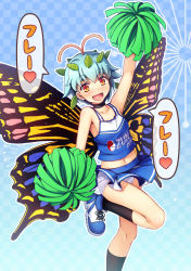 Rule 34 | 1girl, :d, alternate costume, antennae, arm up, bare arms, bare shoulders, black socks, blue background, blue footwear, blue hair, blue skirt, blush, butterfly wings, checkered background, cheerleader, chima q, commentary request, crop top, eternity larva, feet out of frame, gradient background, highres, holding, holding pom poms, insect wings, kneehighs, leaf, looking at viewer, midriff, miniskirt, navel, open mouth, orange eyes, pom pom (cheerleading), pom poms, shoes, short hair, skirt, sleeveless, smile, sneakers, socks, solo, speech bubble, thighs, touhou, translation request, wings