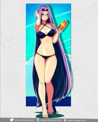 Rule 34 | 1girl, :o, absurdres, barefoot, bikini, black bikini, breasts, can, criss-cross halter, dclaret, deviantart username, dot nose, drink can, eyes visible through hair, eyewear visible through hair, fate (series), feet, full body, glasses, hair intakes, halterneck, highres, holding, holding can, huge filesize, long hair, looking at viewer, medium breasts, medusa (fate), medusa (rider) (fate), nail polish, navel, official alternate costume, purple eyes, purple hair, purple nails, soda can, solo, standing, swimsuit, tumblr username, twitter username, very long hair, watermark, web address