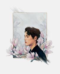 Rule 34 | 1boy, armouries, beyond evil, black eyes, black hair, closed mouth, cropped torso, floral background, flower, grey background, han joowon (beyond evil), highres, magnolia, male focus, profile, short hair, solo, wavy hair, white flower