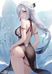 Rule 34 | 1girl, armlet, ass, bare arms, bare shoulders, black panties, blue nails, breasts, commentary request, cowboy shot, genshin impact, grey eyes, grey hair, hair ornament, helloimtea, highres, large breasts, long hair, looking at viewer, low-tied long hair, nail polish, official alternate costume, panties, shenhe (frostflower dew) (genshin impact), shenhe (genshin impact), sidelocks, solo, standing, thighs, underwear, very long hair