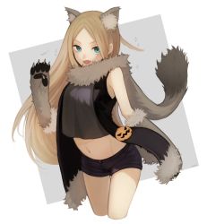 Rule 34 | 10s, 1girl, animal ears, animal hands, black shorts, blue eyes, breasts, brown hair, crop top, crop top overhang, cropped legs, curry gohan, eyelashes, fang, fur trim, gloves, halloween, heart, heart in mouth, highres, jack-o&#039;-lantern, konami kirie, light brown hair, long hair, looking at viewer, medium breasts, midriff, paw gloves, scarf, shorts, sleeveless, solo, sparkle, square, stomach, tail, thigh gap, very long hair, white background, wolf ears, wolf tail, world trigger