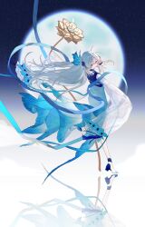 Rule 34 | absurdres, arknights, blue background, blue dress, blue eyes, blue ribbon, chinese commentary, commentary request, dress, feather hair, flower, full moon, gradient background, grey hair, highres, long hair, looking at viewer, looking back, monv ank, moon, mulberry (arknights), mulberry (reflection that of the moons) (arknights), official alternate costume, outstretched arms, reflection, ribbon, see-through, see-through sleeves, sidelocks, spread arms, very long sleeves, white background, yellow flower