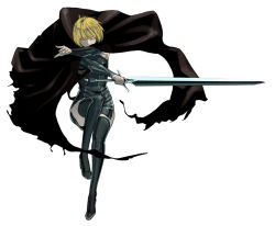 Rule 34 | 00s, 1girl, blonde hair, cape, clare (claymore), claymore (series), claymore (sword), detached sleeves, dress, grey eyes, legs, lips, looking at viewer, sakamoto kengo, short dress, short hair, simple background, solo, sword, thighhighs, weapon, white background, zettai ryouiki