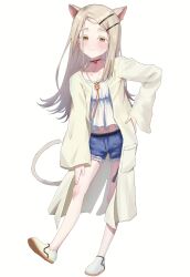 1girl absurdres animal_ears bare_legs bell blonde_hair blush camisole cat_ears cat_tail choker collarbone colored_eyelashes crane666 denim denim_shorts earrings flipped_hair full_body gakuen_idolmaster highres idolmaster jewelry kemonomimi_mode light_smile long_hair looking_at_viewer midriff neck_bell orange_eyes red_choker robe shinosawa_hiro short_shorts shorts simple_background solo stud_earrings tail very_long_hair white_background white_camisole white_footwear white_robe