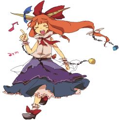 Rule 34 | 1girl, :d, ^ ^, azuma seiji, blue skirt, bow, breasts, chain, closed eyes, cuffs, female focus, full body, hair bow, happy, horns, ibuki suika, kerchief, layered skirt, musical note, oni, open mouth, orange hair, running, shackles, shoes, simple background, skirt, small breasts, smile, solo, touhou, white background