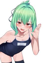 Rule 34 | 1boy, absurdres, androgynous, black thighhighs, blush, bulge, competition school swimsuit, green hair, hair intakes, hand up, highres, leaning forward, looking at viewer, male focus, medium hair, open mouth, otori-tan, red eyes, school swimsuit, seitokai nimo anawa aru!, simple background, solo, swimsuit, thighhighs, tongue, trap, white background, yozakura rakuza, zettai ryouiki