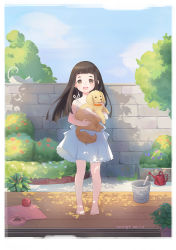 Rule 34 | 1girl, :d, animal, artist name, barefoot, black hair, blunt bangs, brown eyes, bucket, bush, cat, child, collar, day, dog, goto hime, holding, holding animal, holding dog, kakushigoto, long hair, naimiaomiaomiaomiao, open mouth, outdoors, plant, potted plant, red collar, roku (kakushigoto), shadow, smile, standing, tree, watering can, yarn, yarn ball