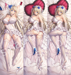 Rule 34 | 1girl, blonde hair, blue eyes, blue flower, blue rose, blush, bouquet, braid, breasts, bridal veil, bride, chinese commentary, cleavage, commentary request, dakimakura (medium), dress, flower, unworn footwear, french braid, garter straps, gloves, hair flower, hair ornament, heart, heart-shaped pillow, high heels, highres, lace, lace-trimmed dress, lace-trimmed legwear, lace trim, large breasts, lexington (warship girls r), long hair, lying, on back, on side, open mouth, panties, pantyhose, pillow, ring box, rose, sex toy, shoes, unworn shoes, thighhighs, thighs, tongue, tongue out, typo, underwear, veil, vibrator, warship girls r, wedding dress, white dress, white gloves, white panties, white thighhighs, yuli you gua