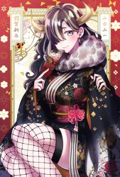 Rule 34 | 1girl, animal print, black kimono, blue eyes, breasts, brown hair, chinese zodiac, closed mouth, cow horns, cow print, earrings, feet out of frame, fishnet thighhighs, fishnets, flower, fur trim, grey hair, hagoita, hair over one eye, happy new year, highres, holding, horns, japanese clothes, jewelry, kimono, long hair, looking at viewer, medium breasts, multicolored hair, new year, obi, obijime, original, paddle, pink flower, ponita, sash, seigaiha, smile, solo, streaked hair, thighhighs, thighs, year of the ox