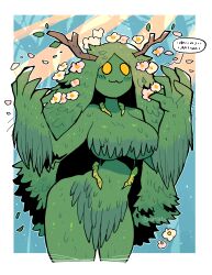 Rule 34 | 1girl, :3, absurdres, antlers, blush stickers, breasts, closed mouth, colored skin, flower, green hair, green skin, hair flower, hair ornament, hands up, highres, horns, large breasts, looking at viewer, monster girl, original, pelvic curtain, plant girl, plant hair, rariatto (ganguri), smile, standing, swampy marsy (rariatoo), underboob, yellow eyes