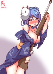Rule 34 | 10s, 1girl, blue eyes, blue hair, breasts, collarbone, commentary request, dated, double bun, gun, highres, japanese clothes, kanon (kurogane knights), kantai collection, kimono, large breasts, licking, off shoulder, rifle, saliva, saliva trail, sexually suggestive, tongue, urakaze (kancolle), weapon, yukata