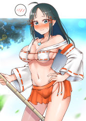 Rule 34 | 1girl, absurdres, ahoge, aqua eyes, bamboo broom, bare shoulders, bikini, black hair, blurry, blurry background, blush, breasts, broom, cleavage, closed mouth, collarbone, cowboy shot, eyepatch bikini, forehead, full-face blush, hand on own hip, highleg, highleg panties, highres, idolmaster, idolmaster cinderella girls, japanese clothes, jewelry, long hair, looking at viewer, mabanna, miko, nanjo hikaru, navel, necklace, aged up, outside border, panties, revealing clothes, sidelocks, signature, skindentation, skirt, solo, speech bubble, spoken blush, swimsuit, underwear, wide sleeves