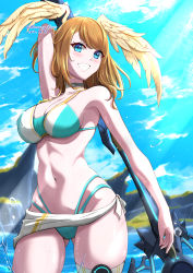 Rule 34 | 1girl, absurdres, arm up, bare arms, bare shoulders, bikini, blue bikini, blue eyes, blue sky, blush, breasts, brown hair, cleavage, cloud, commentary request, cowboy shot, day, eunie (xenoblade), gluteal fold, grey choker, grin, groin, head wings, highres, large breasts, long hair, looking at viewer, mercury xeno, nevel, sky, smile, solo, standing, stomach, swimsuit, thighs, wings, xenoblade chronicles (series), xenoblade chronicles 3