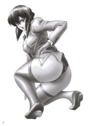 Rule 34 | 00s, 1girl, ass, breasts, coat, curvy, full body, ghost in the shell, ghost in the shell stand alone complex, greyscale, kusanagi motoko, large breasts, looking at viewer, looking back, monochrome, short hair, solo, thick thighs, thighhighs, thighs