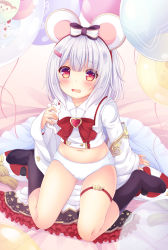 Rule 34 | 1girl, animal, animal ears, balloon, black socks, blush, bow, brooch, commentary request, full body, granblue fantasy, hair bow, hair ornament, hairclip, heart, heart brooch, highres, holding, holding animal, jewelry, long sleeves, looking at viewer, mouse (animal), mouse ears, no shoes, open mouth, panties, pleated skirt, red bow, red eyes, sakuraba hikaru (loveindog), shirt, silver hair, sitting, skirt, sleeves past wrists, socks, solo, striped, striped bow, underwear, unworn skirt, vikala (granblue fantasy), wariza, white panties, white shirt, white skirt, wide sleeves
