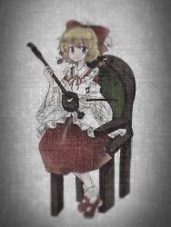 Rule 34 | 1girl, blonde hair, bow, bow (music), bowtie, chair, cherry, cherry hair ornament, detached sleeves, erhu, food, food-themed hair ornament, frilled ribbon, frilled shirt, frilled shirt collar, frilled sleeves, frills, fruit, hair between eyes, hair ornament, hair ribbon, holding, holding instrument, instrument, long skirt, long sleeves, looking at viewer, mary janes, medium hair, miupuyo, multicolored clothes, multicolored shirt, red bow, red bowtie, red footwear, red ribbon, red shirt, red skirt, ribbon, satsuki rin, shirt, shoes, simple background, sitting, skirt, sleeves past elbows, sleeves past wrists, smile, socks, touhou, white shirt, white sleeves, white socks, wide sleeves, yellow eyes