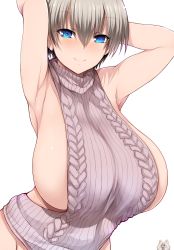 Rule 34 | 1girl, armpits, arms behind head, arms up, blue eyes, breasts, cat, closed mouth, grey hair, hair between eyes, highres, huge breasts, looking at viewer, meme attire, naked sweater, out-of-frame censoring, shiny skin, short hair, simple background, sleeveless, sleeveless sweater, smile, sweater, tsukasawa takamatsu, turtleneck, turtleneck sweater, uzaki-chan wa asobitai!, uzaki hana, virgin killer sweater