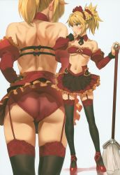 Rule 34 | 1girl, absurdres, adapted costume, alternate costume, ass, back, bare shoulders, black thighhighs, blonde hair, braid, breasts, broom, crown braid, detached collar, detached sleeves, fate/apocrypha, fate (series), from behind, garter belt, garter straps, gold trim, green eyes, hand on own cheek, hand on own face, hidden face, high heels, highres, hip focus, holding, holding broom, incredibly absurdres, lace, lace-trimmed legwear, lace trim, medium breasts, miniskirt, mordred (fate), mordred (fate/apocrypha), multiple views, navel, panties, ponytail, profile, red footwear, red panties, red skirt, simple background, skirt, stomach, strappy heels, sweatdrop, thighhighs, thighs, underboob, underwear, upskirt, white background, yd (orange maru)
