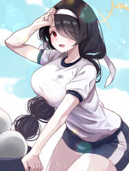 Rule 34 | 1girl, arm up, black hair, black shorts, blue archive, blurry, blush, bokeh, braid, breasts, commentary request, depth of field, eyes visible through hair, gym shorts, gym uniform, hair over one eye, halo, headband, highres, hinata (blue archive), komena (shinyday312), large breasts, long hair, looking at viewer, low-braided long hair, low-tied long hair, open mouth, outdoors, red eyes, shirt, short shorts, short sleeves, shorts, single braid, smile, solo, sweat, trinity general school logo, white headband, white shirt, winged halo, yellow halo