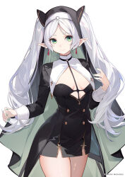 Rule 34 | 1girl, alternate costume, black dress, breasts, buttons, closed mouth, coif, commentary, cowboy shot, cross print, dress, earrings, elf, fingernails, frieren, green eyes, green nails, grey hair, highres, jewelry, long fingernails, long hair, long sleeves, looking at viewer, machi (7769), nail polish, nun, o-ring, parted bangs, patreon username, pointy ears, short dress, short eyebrows, sidelocks, simple background, small breasts, smile, solo, sousou no frieren, standing, thick eyebrows, twintails, very long hair, white background