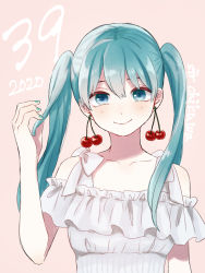 Rule 34 | 1girl, 39, 2020, alternate costume, arm at side, bad id, bad pixiv id, bare arms, bare shoulders, blue eyes, blue hair, blue nails, blush, breasts, cherry, cherry earrings, closed mouth, collarbone, dated, dot nose, earrings, fingernails, food, food-themed earrings, food themed earrings, frilled shirt, frills, fruit, hair between eyes, hand in own hair, hand up, happy, hatsune miku, jewelry, long hair, looking at viewer, medium breasts, nail polish, off-shoulder shirt, off shoulder, pale skin, pink background, renshu usodayo, ribbon, shaded face, shirt, simple background, smile, solo, standing, straight hair, twintails, upper body, vocaloid, white ribbon, white shirt