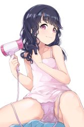 Rule 34 | 1girl, animal print, bad id, bad twitter id, bare arms, bare shoulders, black hair, cable, camisole, commentary request, crotch, drying, drying hair, fukumaru koito, hair dryer, highres, hiroki (yyqw7151), holding, holding hair dryer, idolmaster, idolmaster shiny colors, long hair, looking at viewer, panties, pink camisole, pink panties, print panties, purple eyes, rabbit panties, rabbit print, solo, spaghetti strap, spread legs, underwear