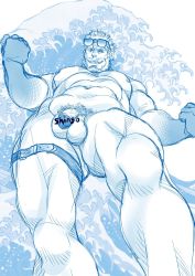 Rule 34 | 1boy, abs, aegir (housamo), bara, beard, blue theme, censored, censored by text, completely nude, earrings, eyewear on head, facial hair, feet out of frame, fins, flaccid, from below, gluteal fold, goshingo1, grin, jewelry, large pectorals, leg belt, looking at viewer, looking down, male focus, male pubic hair, mature male, monochrome, muscular, muscular male, navel, navel hair, nipples, nude, pectorals, penis, perspective, pubic hair, short hair, single earring, smile, solo, stomach, sunglasses, thick eyebrows, thick thighs, thighs, tokyo houkago summoners