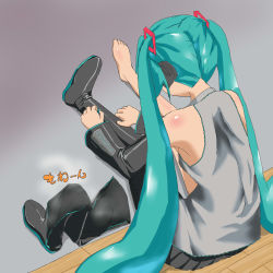 Rule 34 | aqua hair, barefoot, feet, hatsune miku, highres, shoes, single shoe, sitting, smell, superdry, twintails, vocaloid