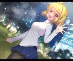 Rule 34 | 1girl, antenna hair, arcueid brunestud, black pantyhose, blonde hair, blue skirt, blush, breasts, building, city lights, hair between eyes, highres, itsuka neru, jewelry, letterboxed, light particles, long sleeves, looking at viewer, medium breasts, miniskirt, necklace, night, open mouth, outdoors, pantyhose, red eyes, short hair, single hair intake, skirt, smile, solo, sweater, tongue, tree, tsukihime, tsukihime (remake), turtleneck, turtleneck sweater, white sweater