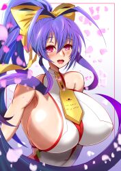 Rule 34 | 1girl, antenna hair, backless outfit, bare shoulders, blazblue, blue hair, blush, bow, breasts, ha88hama, hair bow, halterneck, high ponytail, highres, large breasts, long hair, mai natsume, petals, pink eyes, sideboob, sidelocks, solo, teeth, upper teeth only, very long hair, yellow bow