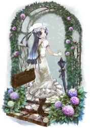 Rule 34 | 1girl, absurdres, bare shoulders, blue eyes, blue hair, boots, choker, closed umbrella, dress, earrings, elbow gloves, flower, gloves, hat, highres, hydrangea, jewelry, key, kininaljaguar, lace, leaf, long hair, looking back, original, puffy sleeves, ribbon, snail, stairs, suitcase, thorns, umbrella