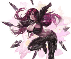 Rule 34 | 1girl, aoin, arm up, belt, black eyes, black gloves, black jacket, breasts, cleavage, crop top, female focus, flower, gloves, highres, holding, jacket, katarina (league of legends), knife, kunai, large breasts, league of legends, leg up, lips, long hair, low neckline, midriff, navel, pants, red hair, scar, solo, thigh strap, thighs, weapon