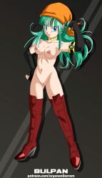 Rule 34 | 1girl, absurdres, bandana, blue eyes, brapan, breasts, choker, cleft of venus, dragon ball, dragon ball fusions, fingerless gloves, full body, fusion, gloves, green hair, hand on own hip, hand up, highres, jewelry, long hair, medium breasts, navel, nipples, nude, nude filter, oryononilocram, pussy, shoes, simple background, third-party edit