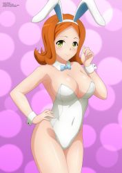 Rule 34 | 1girl, animal ears, armpits, blue bow, bow, bowtie, breasts, cleavage, closed mouth, cuffs, detached collar, fake animal ears, female focus, highres, large breasts, leotard, mature female, orange hair, playboy bunny, purple background, rabbit ears, smile, solo, to love-ru, white leotard, yellow eyes, yuuki ringo, zel-sama