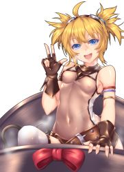 Rule 34 | 10s, 1girl, armlet, bare shoulders, belt, black gloves, blonde hair, blue eyes, bodysuit, breasts, covered erect nipples, covered navel, fi-san, fingerless gloves, gloves, goggles, goggles on head, granblue fantasy, highres, nipples, open mouth, pengie, see-through, short hair, short twintails, shorts, small breasts, solo, sweat, transparent background, twintails