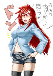 Rule 34 | 1girl, ^^^, blush, breasts, cowboy shot, fang, glasses, hands on own hips, karin (naruto), konakona, large breasts, long hair, naruto (series), naruto shippuuden, navel, red eyes, red hair, shorts, simple background, solo, thighhighs, translation request, zipper
