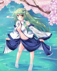 Rule 34 | 1girl, bad id, bad pixiv id, bare legs, bare shoulders, barefoot, blush, branch, breasts, brown eyes, cherry blossoms, cleavage, clothes lift, detached sleeves, female focus, frog, frog hair ornament, green hair, hair ornament, high heels, highres, kochiya sanae, large breasts, long hair, navel, open clothes, open shirt, petals, second heaven, shirt, shoes, skirt, skirt lift, smile, snake hair ornament, soaking feet, solo, touhou, wading, water, yellow eyes