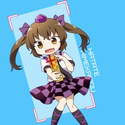 Rule 34 | 1girl, blue background, blush, bow, brown eyes, brown hair, camera phone, cellphone, character name, checkered clothes, checkered skirt, hair bow, hat, himekaidou hatate, phone, pigeon-toed, simple background, skirt, solo, tokin hat, touhou, twintails, yamabuki (yusuraume)