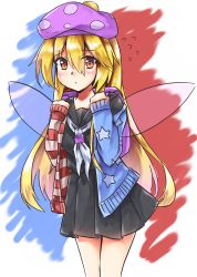 Rule 34 | 1girl, absurdres, adapted costume, akiteru (akiteru98), american flag jacket, american flag print, beret, black sailor collar, black serafuku, black skirt, blonde hair, blue background, blue jacket, blush, clownpiece, commentary request, contemporary, cowboy shot, fairy wings, flying sweatdrops, hair between eyes, hands up, hat, highres, jacket, long hair, long sleeves, looking at viewer, miniskirt, neckerchief, one-hour drawing challenge, open clothes, open jacket, pleated skirt, polka dot, polka dot headwear, print jacket, purple hat, red background, red eyes, red jacket, sailor collar, school uniform, serafuku, skirt, sleeves past wrists, solo, standing, star (symbol), star print, striped clothes, striped jacket, thighs, touhou, very long hair, white background, white jacket, white neckerchief, wings