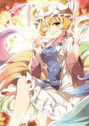 Rule 34 | 1girl, animal ears, blonde hair, chachi (azuzu), female focus, fox ears, fox tail, hat, looking at viewer, multicolored tail, multiple tails, one eye closed, short hair, smile, solo, tail, touhou, wink, yakumo ran, yellow eyes