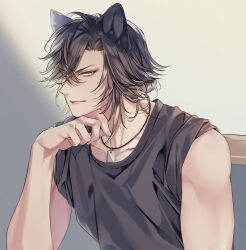 Rule 34 | 1boy, animal ears, black shirt, hair between eyes, hand up, jewelry, male focus, medium hair, necklace, original, shirt, sleeves rolled up, solo, toned, toned male, upper body, wolf ears, yellow eyes, yuina0099