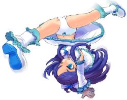 Rule 34 | #104, 00s, 1girl, :d, blue eyes, blue hair, boots, bow, bow panties, brooch, crotch, cure white, dress, floating hair, frills, full body, futari wa precure, hair bow, hair ornament, half updo, handstand, heart, heart brooch, jewelry, kicking, knee boots, long hair, magical girl, matching hair/eyes, motion blur, navel, one eye closed, open mouth, panties, precure, skindentation, smile, solo, spread legs, thighs, underwear, upside-down, white background, white footwear, white panties, wide spread legs, yukishiro honoka