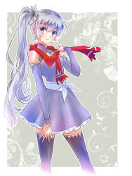 Rule 34 | 1girl, absurdres, blue eyes, cleavage cutout, clothing cutout, earrings, high collar, highres, iesupa, jewelry, long hair, long sleeves, necklace, pendant, ponytail, red scarf, rwby, scar, scar across eye, scar on face, scarf, side ponytail, solo, thighhighs, tiara, weiss schnee, white hair