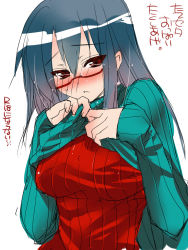 Rule 34 | 1girl, blush, breasts, clothes lift, glasses, large breasts, long hair, original, red-framed eyewear, ribbed sweater, shirt lift, sleeves past wrists, solo, sweater, sweater lift, tokita monta