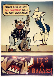 Rule 34 | 1boy, 1girl, absurdres, aggressive retsuko, animal ears, animal nose, artist name, bass guitar, belt, black eyes, black jacket, blue pants, blue skirt, blue vest, blush, body fur, border, breasts, brown footwear, brown fur, closed mouth, collared shirt, constricted pupils, denim, english text, fenneko, fox-pop vli, fox ears, fox girl, fox tail, full body, furry, furry female, furry male, glowing, glowing eyes, haida (aggretsuko), half-closed eyes, hand up, hands on own knees, happy, highres, holding, holding instrument, hyena boy, hyena ears, instrument, jacket, jeans, leaning forward, legs, legs together, light blush, long sleeves, miniskirt, multicolored fur, multiple views, office lady, open mouth, outline, pants, pencil skirt, red footwear, red outline, red shirt, screaming, sharp teeth, shirt, shoes, sitting, skirt, small breasts, smile, snout, speech bubble, standing, tail, talking, teeth, vest, watermark, white border, white fur, white shirt, yellow fur, zipper pull tab