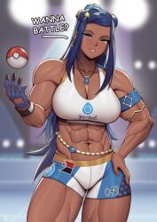 Rule 34 | 1girl, abs, absurdres, alternate body size, alternate muscle size, biceps, blue eyes, blue hair, blurry, blurry background, breasts, creatures (company), dark-skinned female, dark skin, depth of field, earrings, english text, game freak, hand on own hip, highres, jewelry, large breasts, long hair, looking at viewer, muscular, muscular female, navel, necklace, nessa (pokemon), nintendo, poke ball, poke ball (basic), pokemon, pokemon swsh, quads, solo, speedl00ver, very dark skin